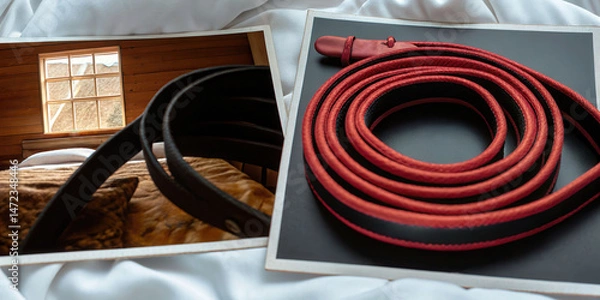Fototapeta Surprising encounter with a snake on a coiled belt in a cozy bedroom setting evoking unease