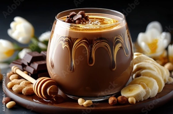 Fototapeta Rich Chocolate Drink with Honey, Nuts, Sliced Bananas, and Dark Chocolate on a Wooden Plate Surrounded by Elegant Flowers and Natural Ingredients