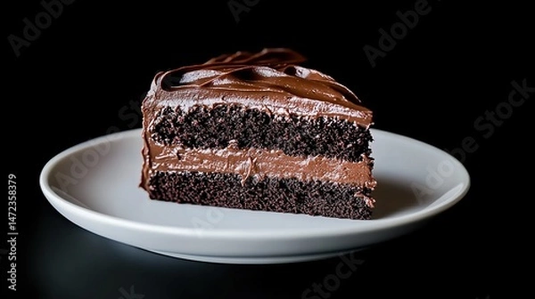 Fototapeta Double-layer chocolate cake slice with frosting and whipped cream flower on white plate.