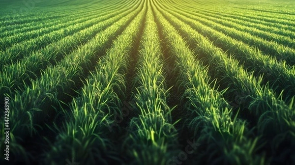Fototapeta Rows of rice paddies in a lush field representing a staple food source