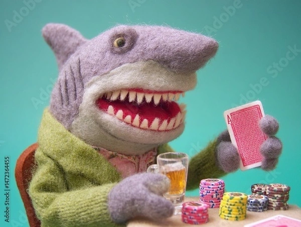 Fototapeta Felt Shark with an Ace: A whimsical scene of a felt shark character at a poker table.