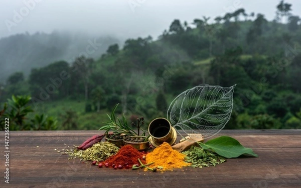Fototapeta Spring, Wayanad, Kerala ,Hills, herbs, early monsoon mist, india, Spices on Wooden Table, Misty Mountain Background
