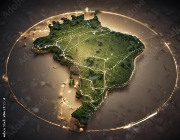 Fototapeta Stylized Brazil map, circular network highlighting internal connections, design, vector