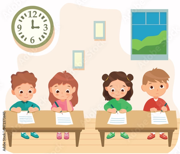 Fototapeta a set of students at their desks, a children's vector illustration. background for the mobile app. a day at school, studying.
