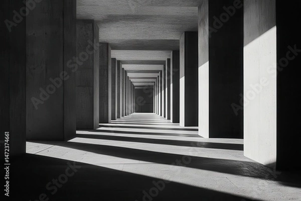 Fototapeta Concrete colonnade, sunlit shadows