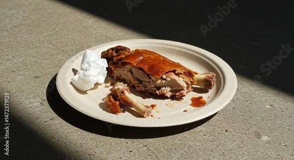 Fototapeta Leftover lechon on paper plate with discarded bones in dramatic sunlight on concrete floor