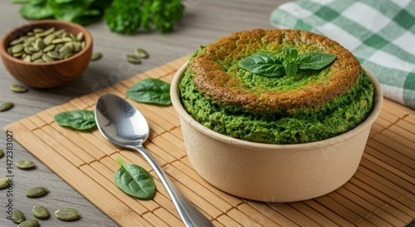 Fototapeta Spinach souffle in brown bowl served with pumpkin seeds and fresh leaves on bamboo mat with spoon
