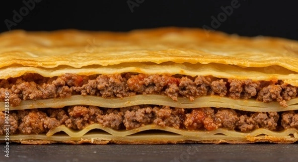 Fototapeta Traditional Greek pastitsio cross-section with meat and pasta layers on black background