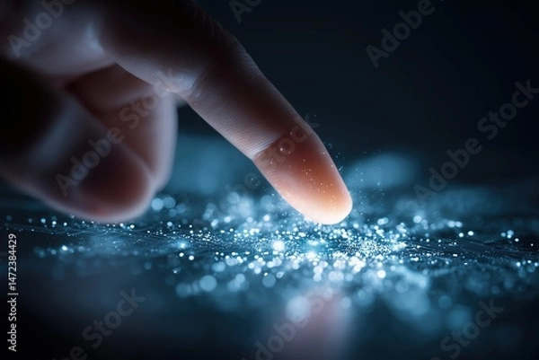 Fototapeta Closeup Of A Finger Touching A Glowing Blue Digital Interface On A Dark Background