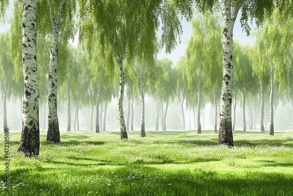 Fototapeta Verdant birch grove bathed in morning light. Lush greenery, tall trees, and a soft mist fill the scene