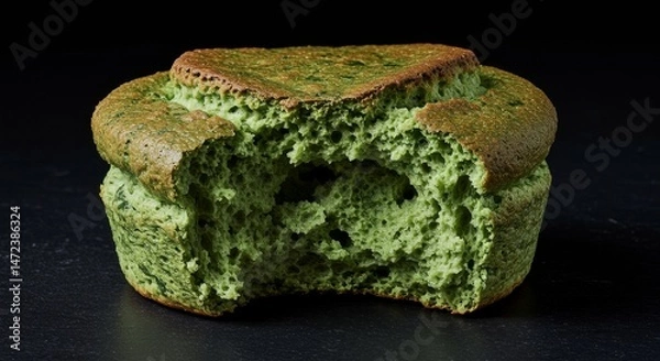 Fototapeta Close-up of bitten spinach souffle with fluffy texture on black background showing airy green layers