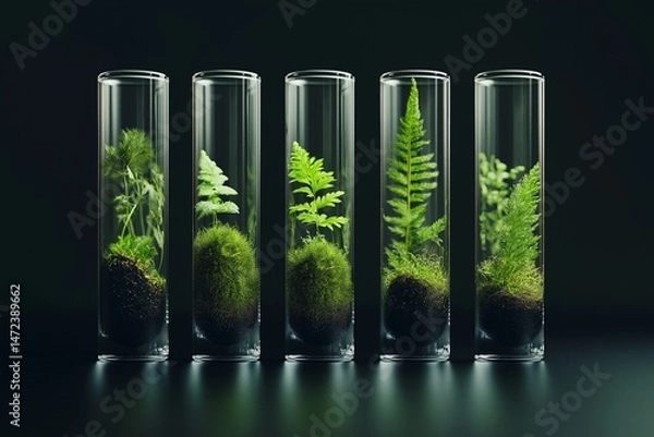 Fototapeta 3D rendering, green plants in test tubes with water and moss on black background.