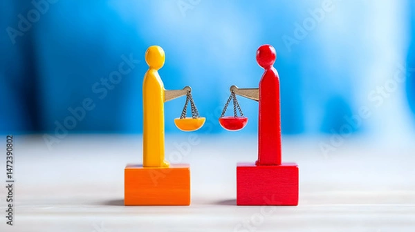 Fototapeta Two figures, one yellow, one red, each holding a scale pan of a balance scale, representing comparison or judgment
