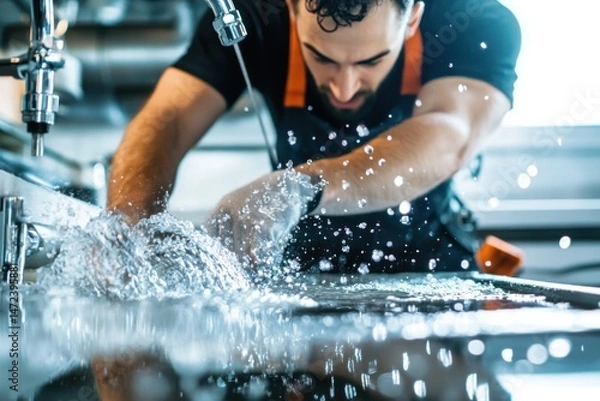 Fototapeta Male plumber in black shirt working on a sink, water splashing around, showcasing plumbing skills and expertise in a modern kitchen environment with bright lighting
