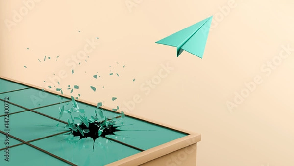 Fototapeta Paper Plane Shattering Glass Ceiling - Symbol of Freedom, Innovation, and Breaking Barriers, 3D Render