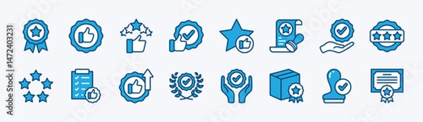 Fototapeta Set of quality control icon. Containing value, star, thumb up, premium, review, rate, award, best, favorite, good, certification, evaluation, stamp, satisfaction, service, support. Vector illustration