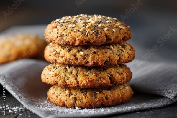 Obraz Freshly baked stack of sesame and poppy seed cookies on gray napkin.