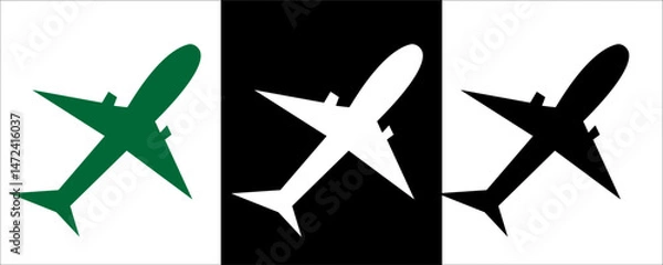 Fototapeta  Set airplane icon. Aircrafts flat style, Airlines transportation concept. Vector airplane with black and white COLORS on white background. Airplane in top, side, view. Vector illustration. EPS10, 111