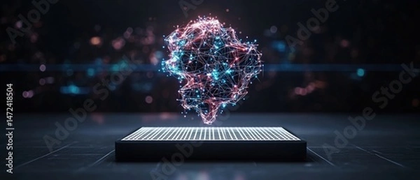 Fototapeta Digital neural network with glowing nodes and connections hovers above platform display system.