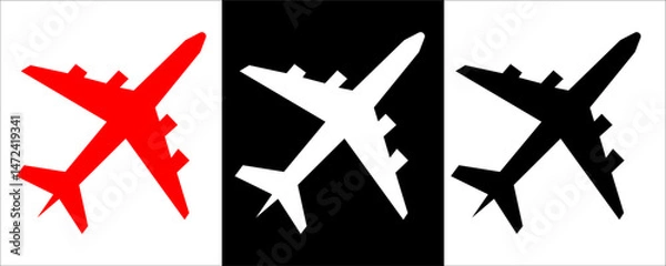 Fototapeta Set airplane icon. Aircrafts flat style  in different views, Airplane silhouette stock vector,  Passenger aircraft in different views. Flying Plane on white background, eps10. 1111