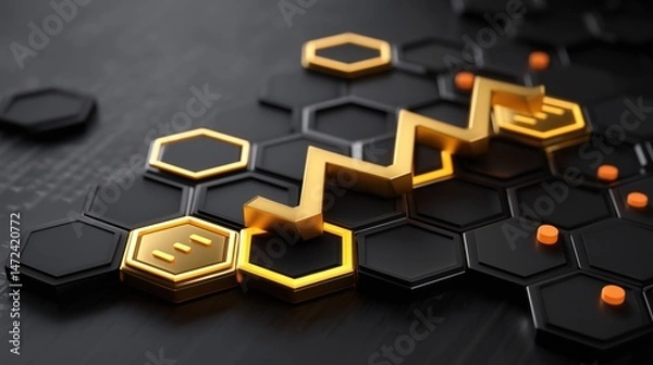 Fototapeta Golden Financial Arrow Graph on Hexagonal Grid Background