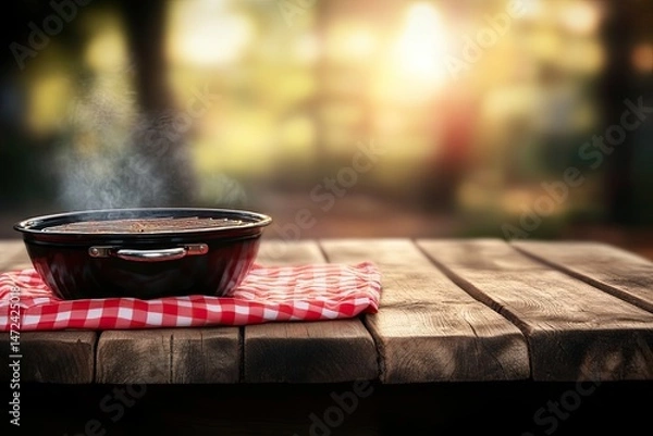 Obraz Outdoor cooking, steaming pot on rustic picnic table