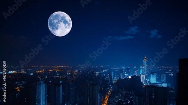 Fototapeta Enchanting night scene showcasing the moon over a cityscape with bright lights at dusk