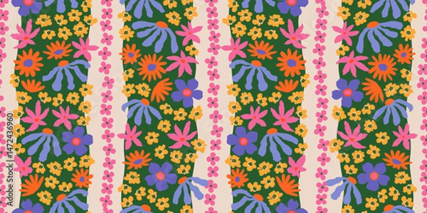 Fototapeta Trendy floral seamless pattern with vertical stripes. Modern flowers print design for fabric, textiles, clothing, packaging, cover, banner, home decor and backgrounds. Vector illustrations.