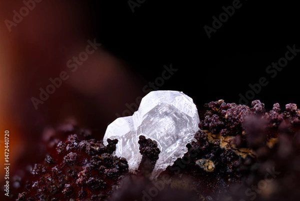 Fototapeta White Cerussite on oxide. Specimen from Mas Dieu, Laval-Pradel, France. Micro photography extreme close-up. microscope mineral crystal photography for Scientific use.