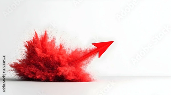 Fototapeta Red upward arrow exploding with red powder on a white background