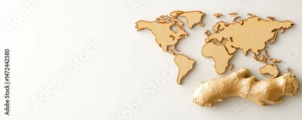 Fototapeta Ginger Root and World Map Global Spice Trade Concept, ginger, world map