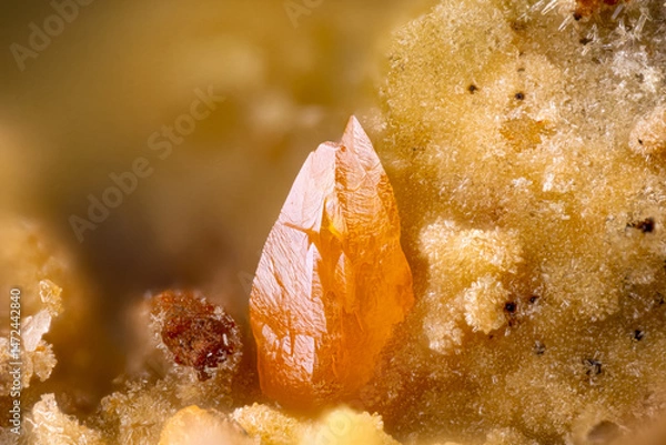 Fototapeta Orange pyramidal Wulfenite on Mimetite. Specimen from Le Passadou, Altier, France. Micro photography extreme close-up. microscope mineral crystal photography for Scientific use.