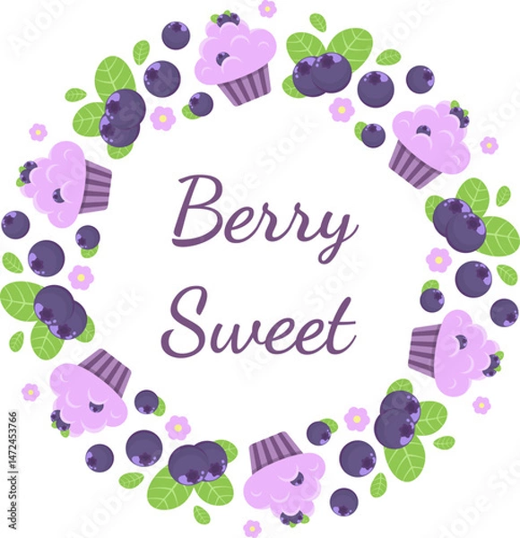 Obraz Bilberry blueberry round frame. Blueberry and cupcake border.  Bilberry cupcake wreath. Isolated vector illustration. 