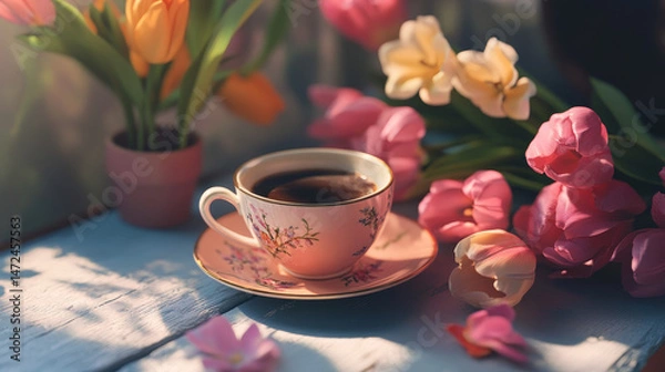 Fototapeta Spring-themed setting featuring a cup of coffee and a bouquet of tulips, creating a warm and refreshing floral atmosphere