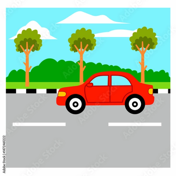 Obraz Vector illustration of a highway scene with a red car against a background of trees, clear sky and clouds. Suitable for transportation, vehicles, traffic and children's education themes.