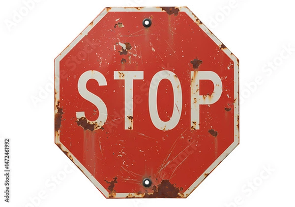 Obraz Rustic Stop Sign Red Octagonal Traffic Sign with Rust and Texture isolated on transparent background