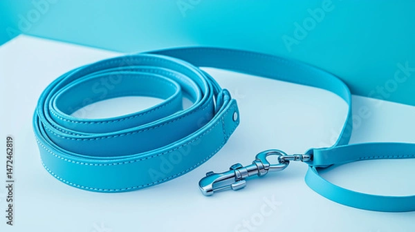 Obraz blue hand free leash, belt for walk with dog, pet accessories closeup shot isolated on minimal white wooden table 