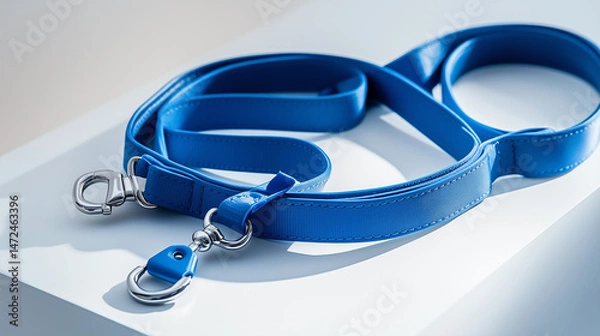 Obraz blue hand free leash, belt for walk with dog, pet accessories closeup shot isolated on minimal white wooden table 