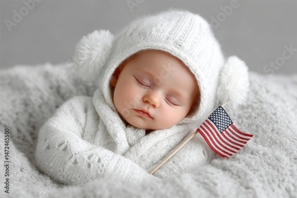 Fototapeta A baby wrapped in a soft blanket designed with stars and stripes next to a tiny flag