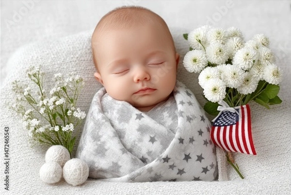 Fototapeta A baby wrapped in a soft blanket designed with stars and stripes next to a tiny flag