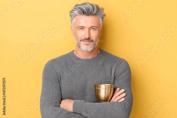 Fototapeta A dad holding a trophy that says master of bad jokes with a smirk