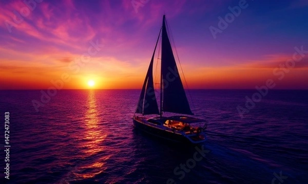 Fototapeta Sailboat Silhouette Cruising at Sunset with Beautiful Colors Over The Open Ocean