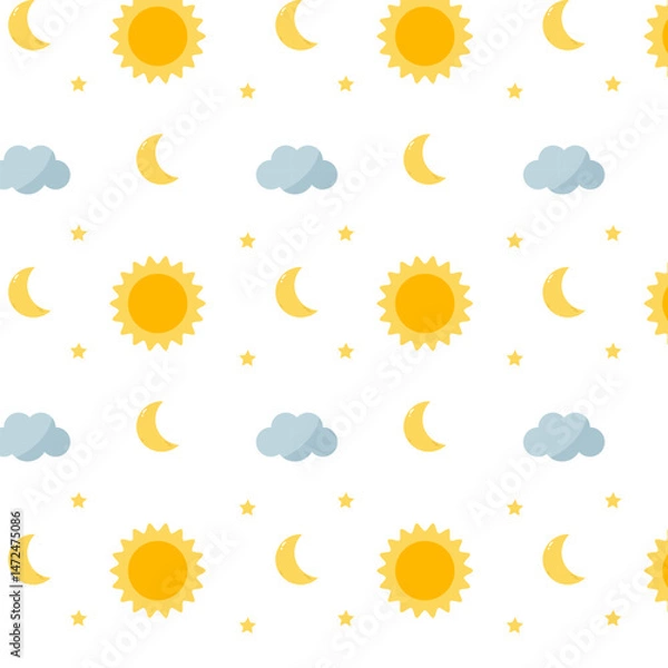 Fototapeta Delicate pattern for children's clothing and textiles with the moon, stars, clouds and sun