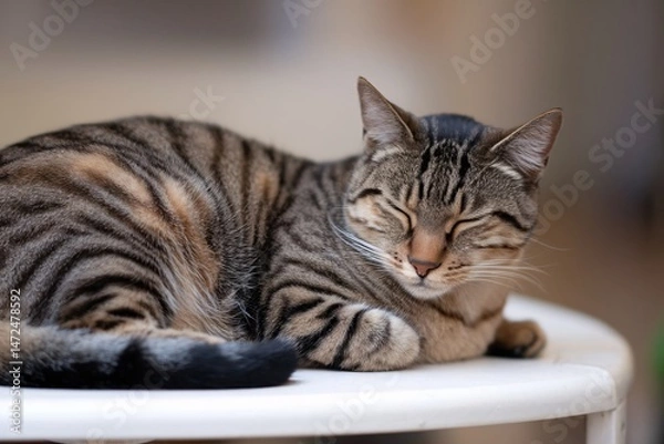 Fototapeta A relaxed tabby cat with closed eyes rests comfortably on a white surface.