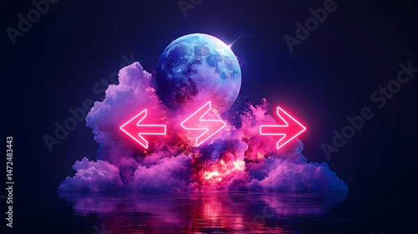 Fototapeta Neon arrows flanking a planet amidst vibrant clouds, reflecting on a dark, glossy surface