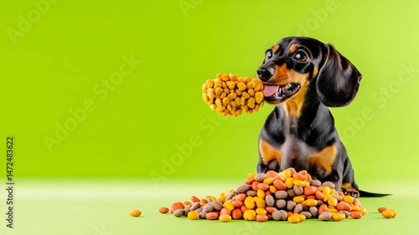 Fototapeta Playful dachshund enjoying kibble