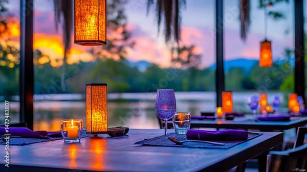 Fototapeta Romantic outdoor dining at sunset, overlooking a serene lake. Tables are set with candles, wine glasses, and purple napkins
