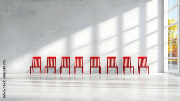 Fototapeta Seven red chairs in a row against a bright, minimalist white wall, bathed in sunlight from a large window