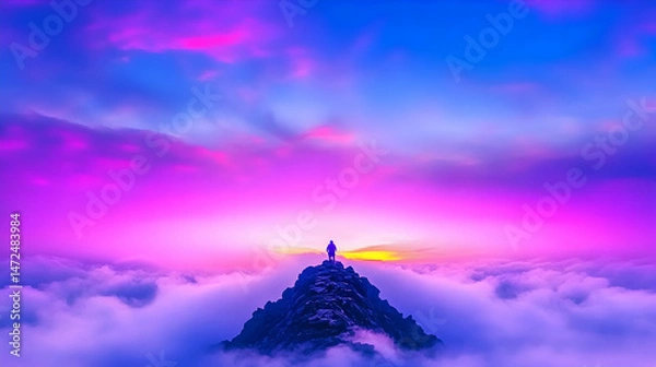 Fototapeta Solitary figure atop a mountain peak, overlooking a vibrant sunset and a sea of clouds