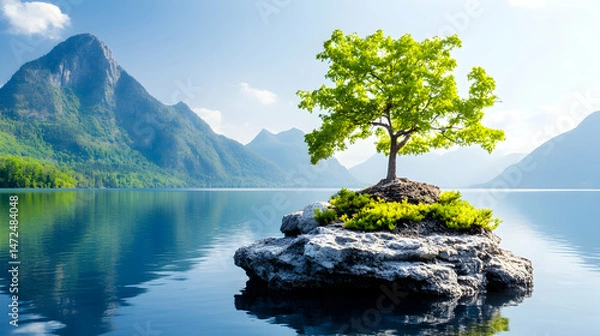 Fototapeta Solitary tree thrives on a tranquil island amidst serene lake and majestic mountains under a clear sky